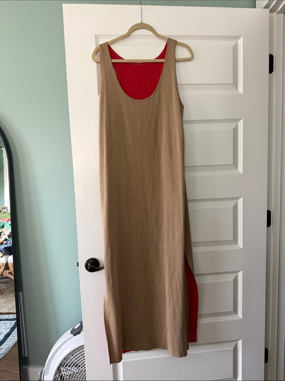 Maison Ullens Cashmere and silk Sleeveless Tan Maxi Dress with Red Interior